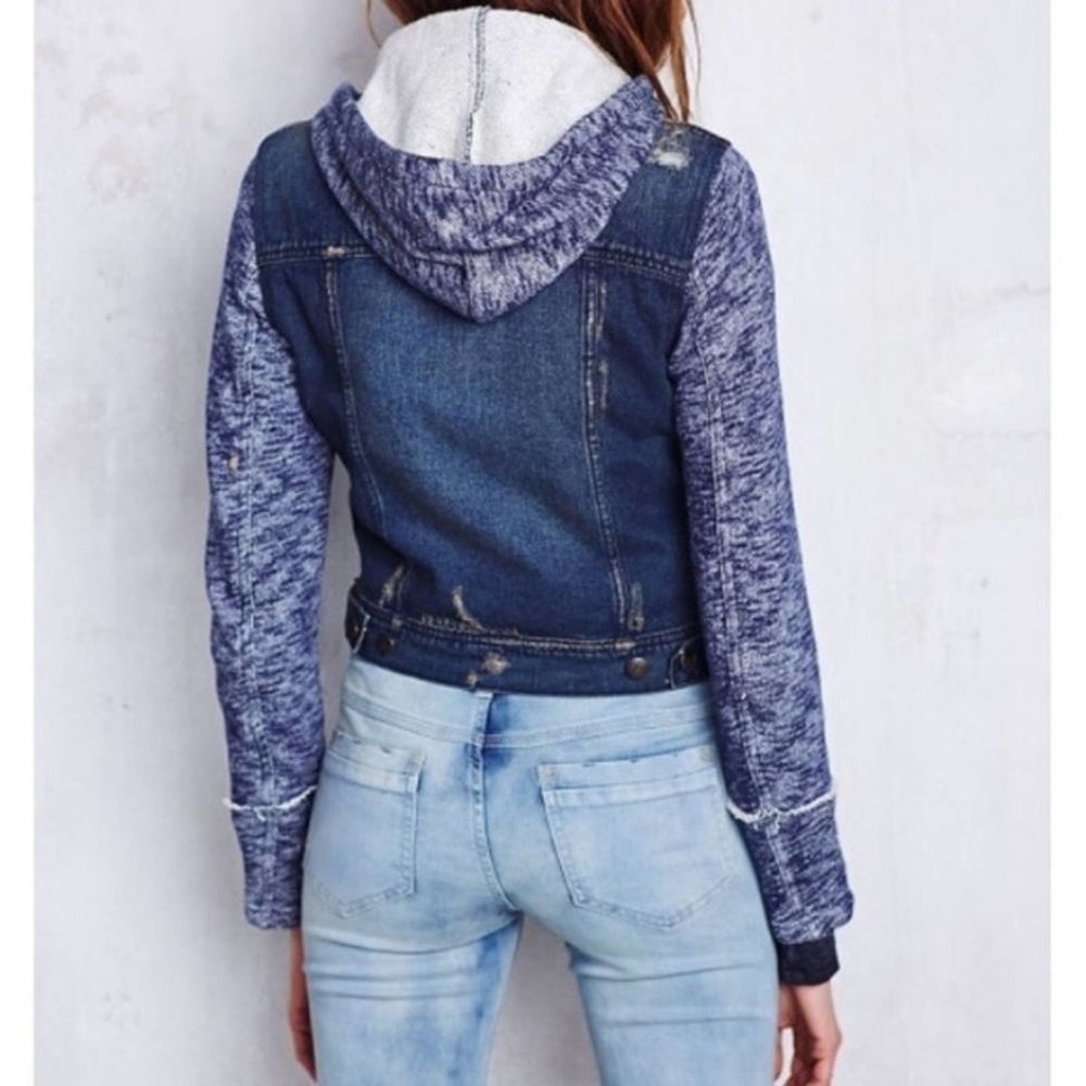 Free People Mixed Media Space Dye Knit Hooded Denim Jean Jacket Blue Size XS - Picture 2 of 8
